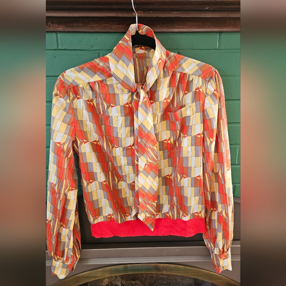Handmade Women’s Vintage Geometric Tie-Neck Blous in Orange & Cream